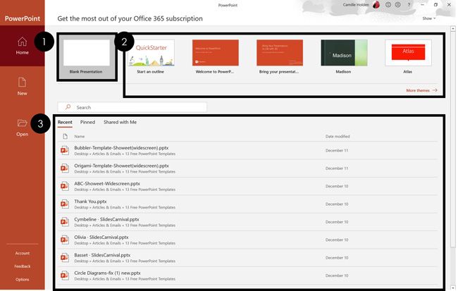 In the backstage view of PowerPoint you can create a new blank presentation, use a template, or open a recent file