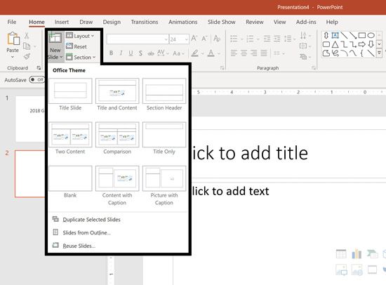 Opening the new slide dropdown you can see all the slide layouts in your PowerPoint template