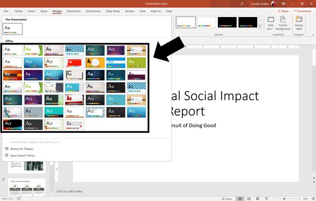 On the Design tab you will find all of the default PowerPoint templates that come with the Microsoft Office Suite