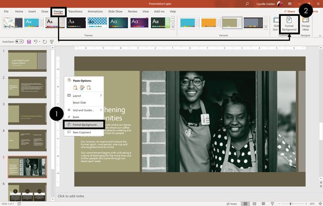 You can either right-click a PowerPoint slide and select format background or navigate to the design tab and click the format background command