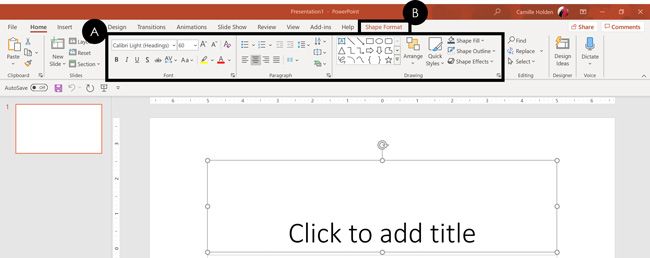Example of the Shape Format tab in PowerPoint and all of the subsequent commands assoicated with that tab