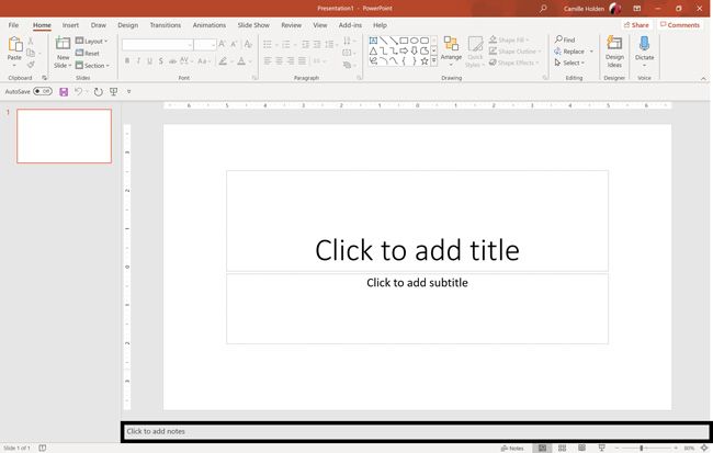 The notes pane in PowerPoint is located at the bottom of your screen and is where you can type your speaker notes